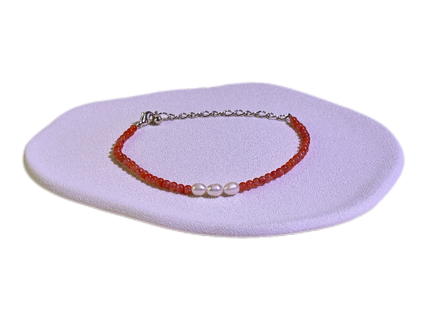 Carnelian Agate Beaded Chain Bracelet with Pearl